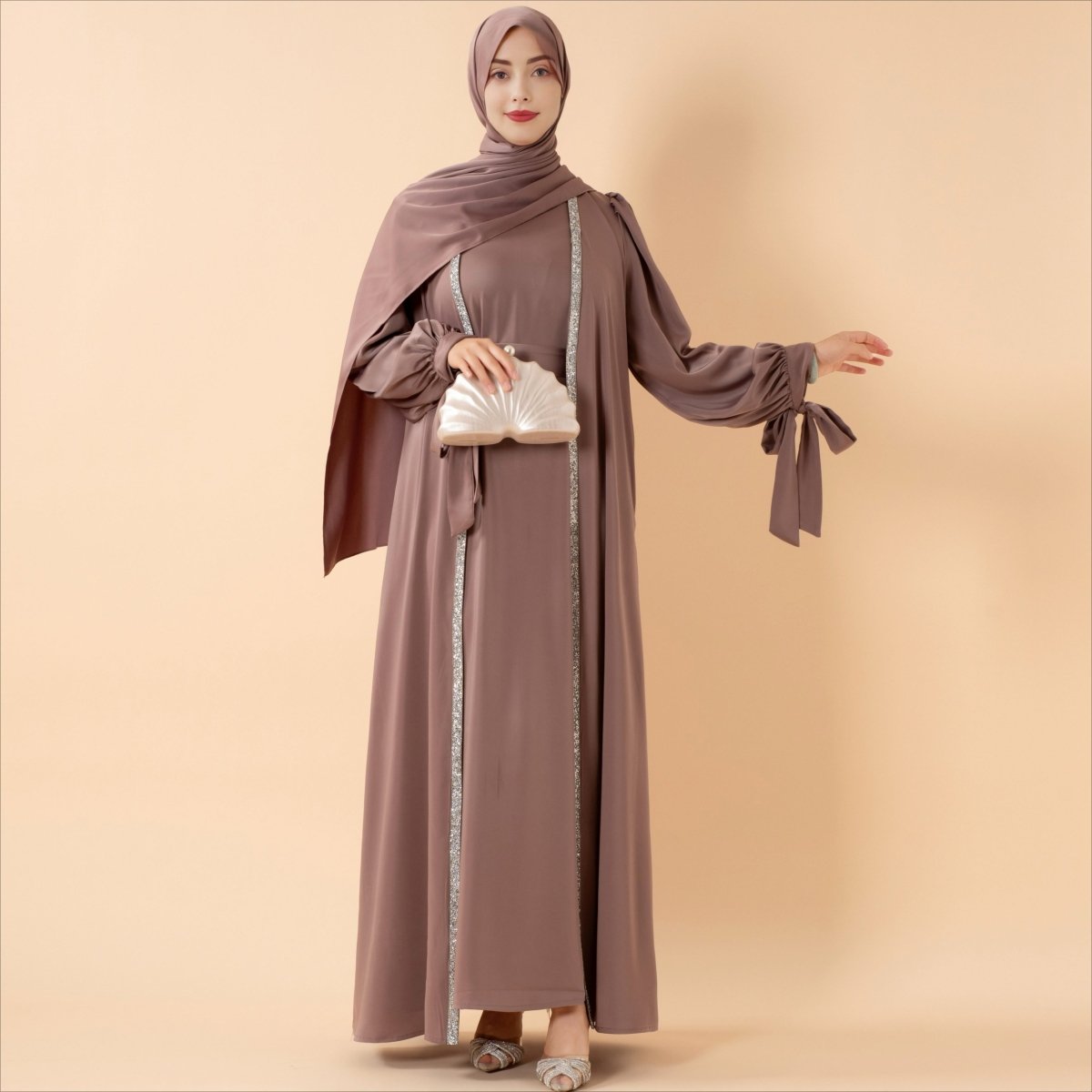 Bow Tie Sleeve Abaya Set With Long-sleeve Inner Dress (MOA026) - SJB-DIAMOND ELITES