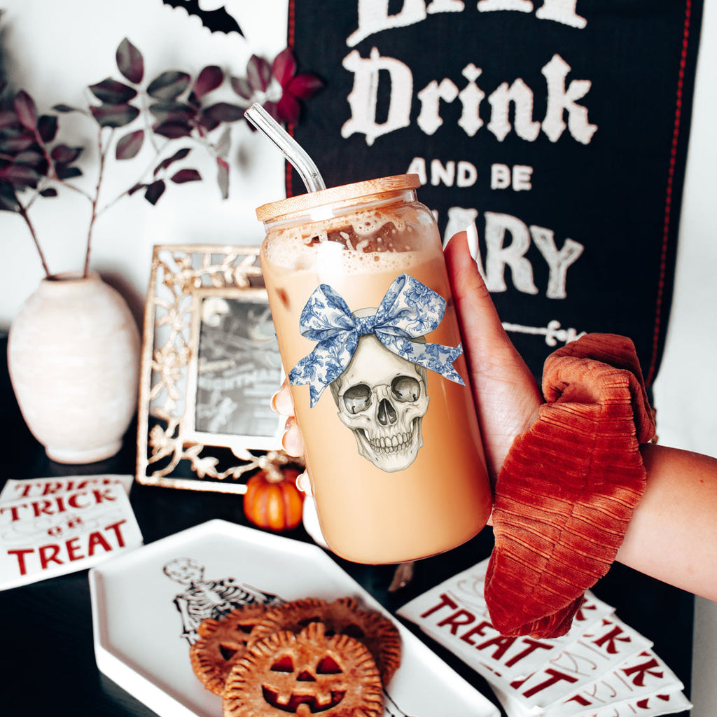 Bow Skull 20oz Insulated Glass Tumbler With Bamboo Lid And Stainless Straws BandsCo Straps