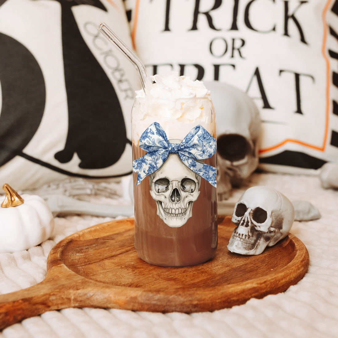 Bow Skull 20oz Insulated Glass Tumbler With Bamboo Lid And Stainless Straws BandsCo Straps
