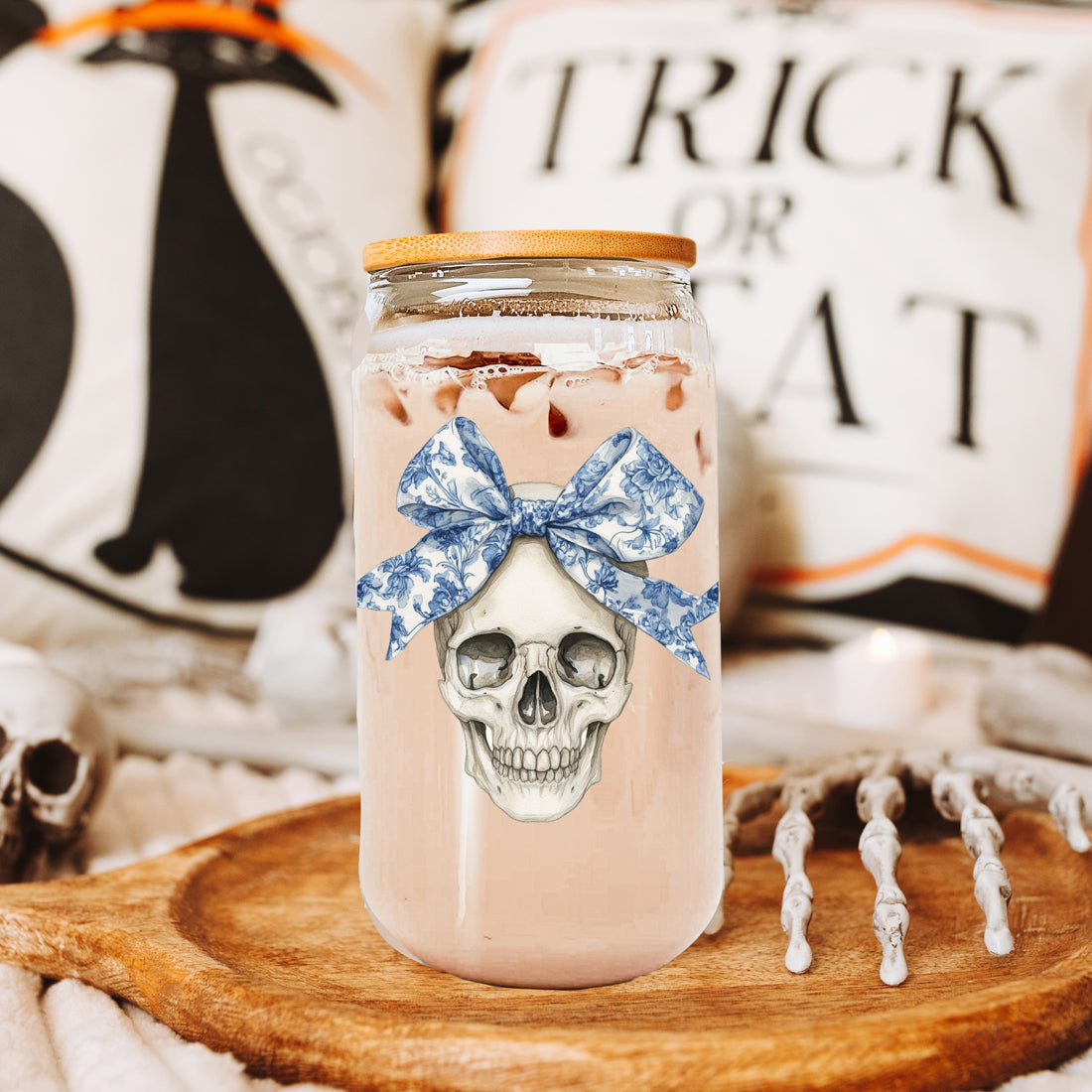 Bow Skull 20oz Insulated Glass Tumbler With Bamboo Lid And Stainless Straws BandsCo Straps