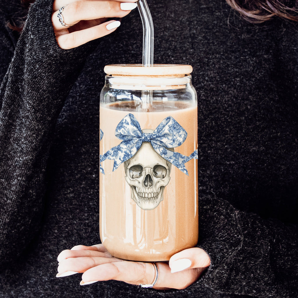 Bow Skull 20oz Insulated Glass Tumbler With Bamboo Lid And Stainless Straws BandsCo Straps