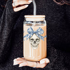 Bow Skull 20oz Insulated Glass Tumbler With Bamboo Lid And Stainless Straws BandsCo Straps