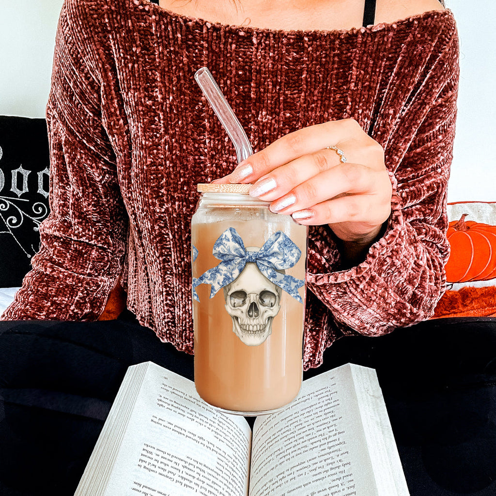 Bow Skull 20oz Insulated Glass Tumbler With Bamboo Lid And Stainless Straws BandsCo Straps