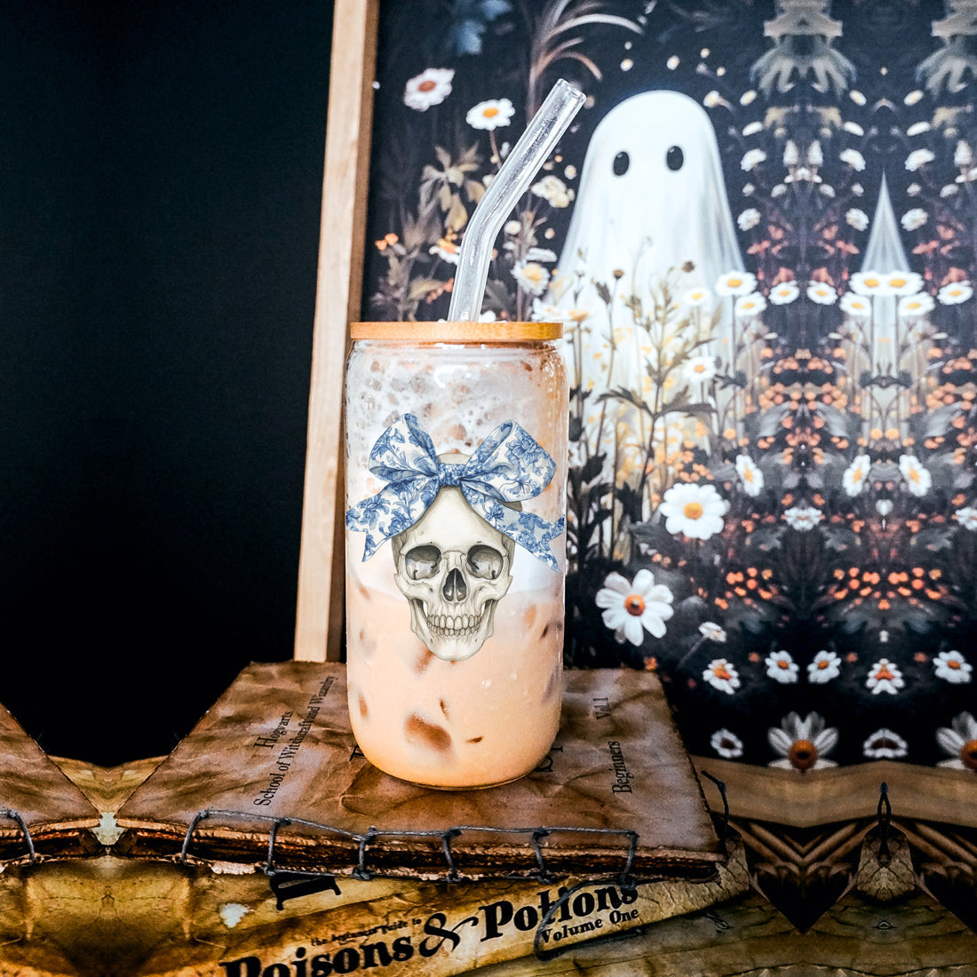Bow Skull 20oz Insulated Glass Tumbler With Bamboo Lid And Stainless Straws BandsCo Straps