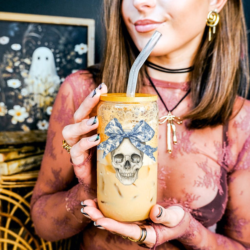Bow Skull 20oz Insulated Glass Tumbler With Bamboo Lid And Stainless Straws BandsCo Straps