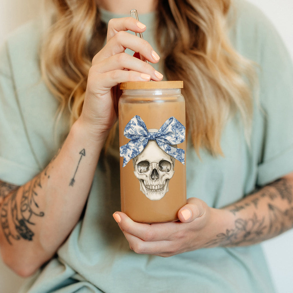 Bow Skull 20oz Insulated Glass Tumbler With Bamboo Lid And Stainless Straws BandsCo Straps