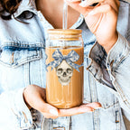 Bow Skull 20oz Insulated Glass Tumbler With Bamboo Lid And Stainless Straws BandsCo Straps