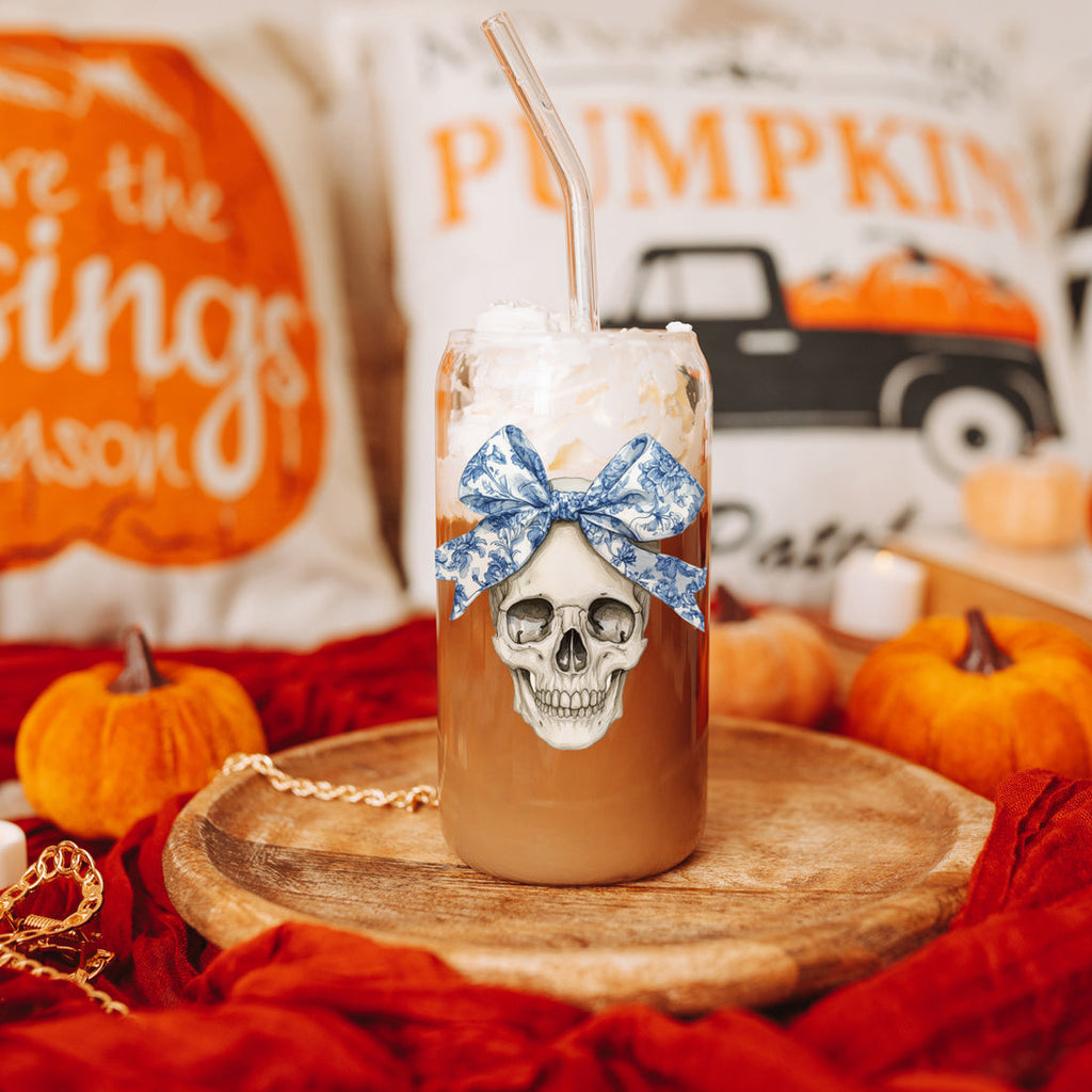 Bow Skull 20oz Insulated Glass Tumbler With Bamboo Lid And Stainless Straws BandsCo Straps