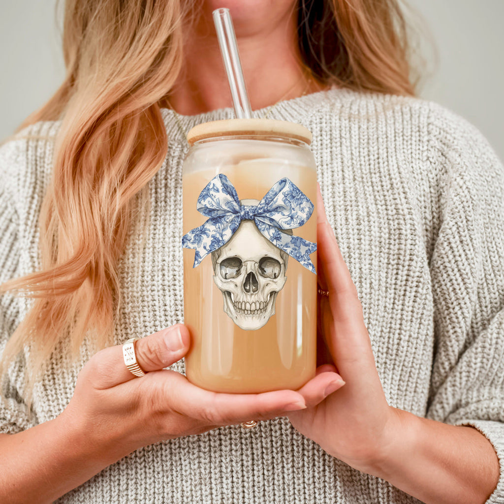 Bow Skull 20oz Insulated Glass Tumbler With Bamboo Lid And Stainless Straws BandsCo Straps