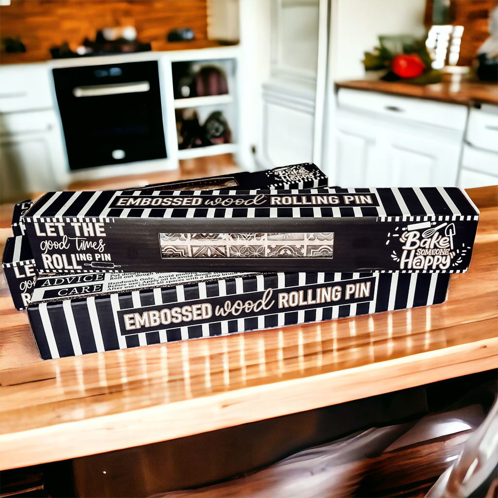 Boxed Rolling Pin Set - 5 Patterned Baking Pins, Kids Friendly, Wooden