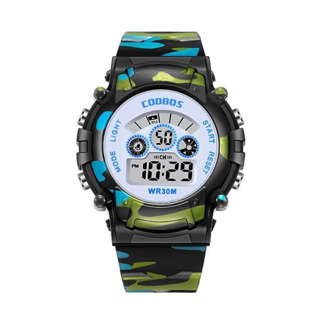 Boys Sports Military Kids Digital Watches Student Childrens Watch Fashion Luminous Led Alarm Camouflage Green Waterproof 7 Color Led Backlight Multifuction Wristwatch For Boys Girls Stevvex