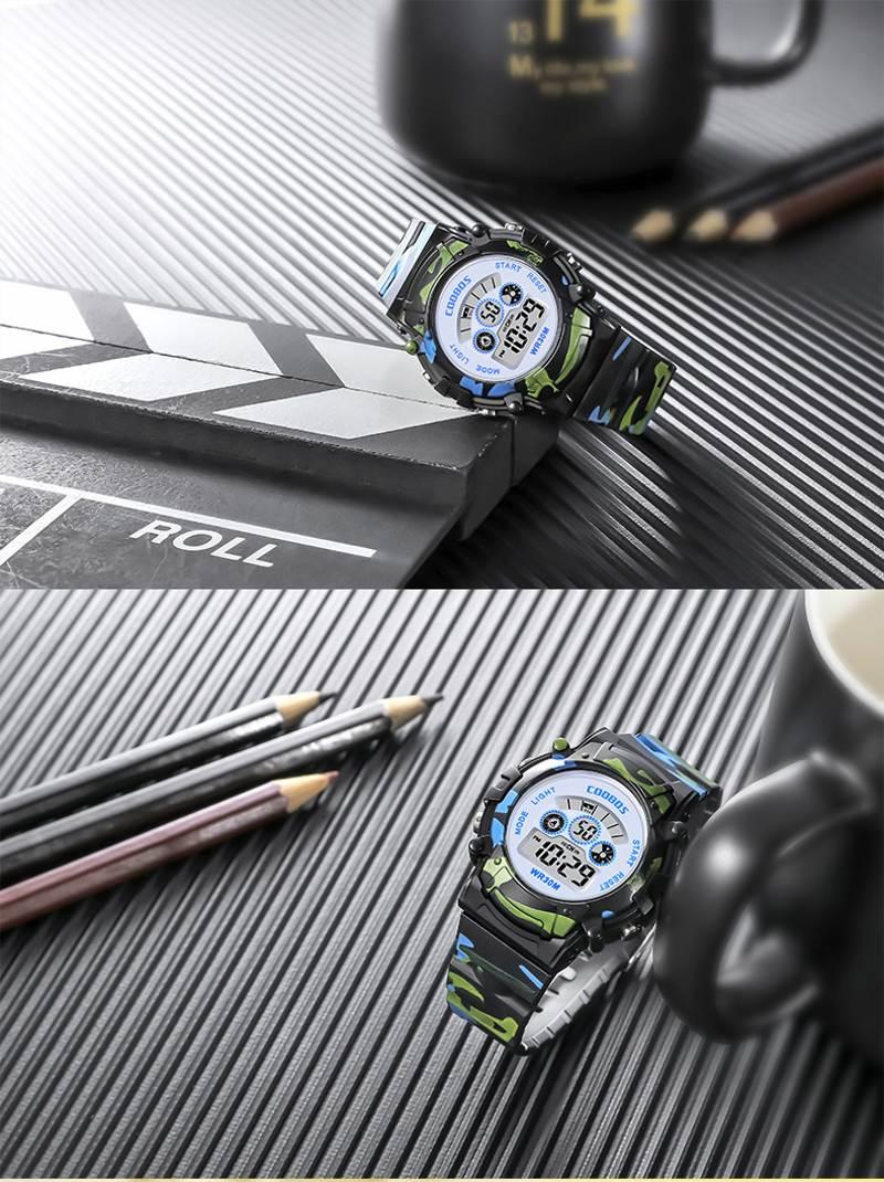 Boys Sports Military Kids Digital Watches Student Childrens Watch Fashion Luminous Led Alarm Camouflage Green Waterproof 7 Color Led Backlight Multifuction Wristwatch For Boys Girls Stevvex