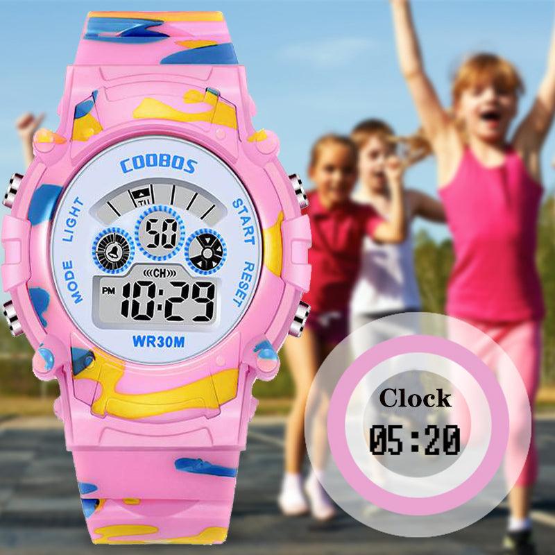 Boys Sports Military Kids Digital Watches Student Childrens Watch Fashion Luminous Led Alarm Camouflage Green Waterproof 7 Color Led Backlight Multifuction Wristwatch For Boys Girls Stevvex