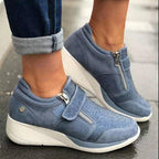 Breathable Woman Sneakers Zipper Platform Trainers Women Casual Lace-Up Fashion Rhinestone Upper Double-Sided Zippers Platform Trainers Outdoor Fitness Espadrilles Walking Shoes Stevvex