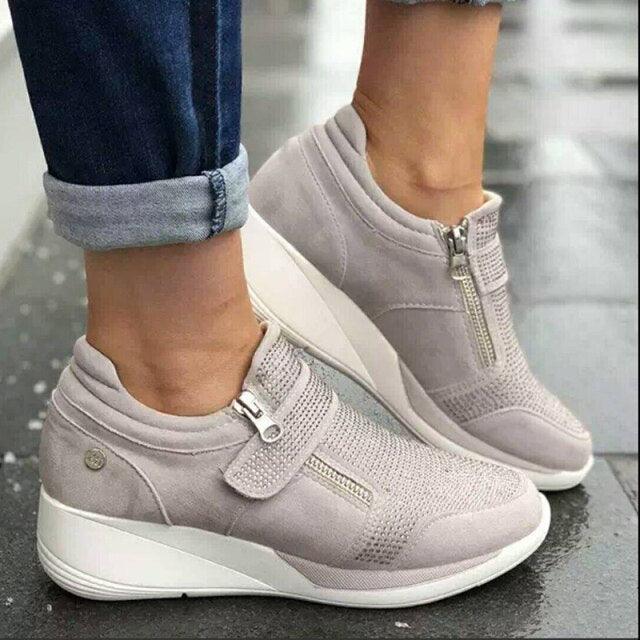 Breathable Woman Sneakers Zipper Platform Trainers Women Casual Lace-Up Fashion Rhinestone Upper Double-Sided Zippers Platform Trainers Outdoor Fitness Espadrilles Walking Shoes Stevvex