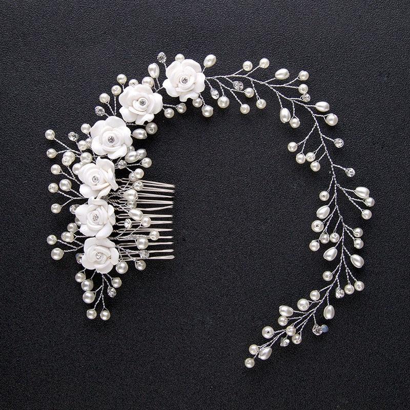 Bridal Wedding Crystal Bride Hair Accessories Pearl Flower Headband Handmade Hairband Beads Decoration Hair Comb Gorgeous Hair Accessories For Women Stevvex
