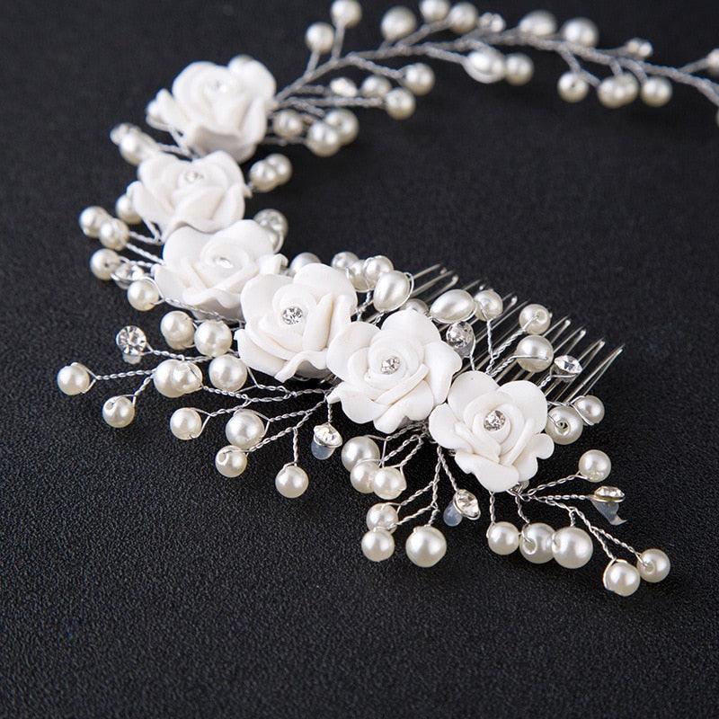 Bridal Wedding Crystal Bride Hair Accessories Pearl Flower Headband Handmade Hairband Beads Decoration Hair Comb Gorgeous Hair Accessories For Women Stevvex
