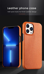 Bright Orange Mobile Phone Case With Coated Leather Case Protective Slim Phone Case Cowhide Genuine Leather Phone Case for iPhone 14 13 Pro Max Luxury Back Cover Stevvex
