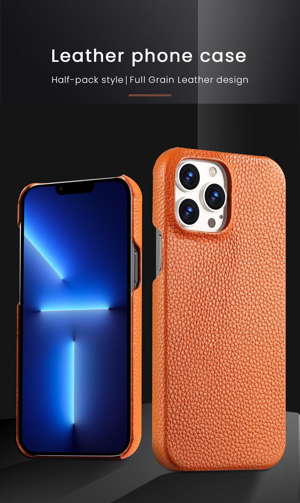 Bright Orange Mobile Phone Case With Coated Leather Case Protective Slim Phone Case Cowhide Genuine Leather Phone Case for iPhone 14 13 Pro Max Luxury Back Cover Stevvex