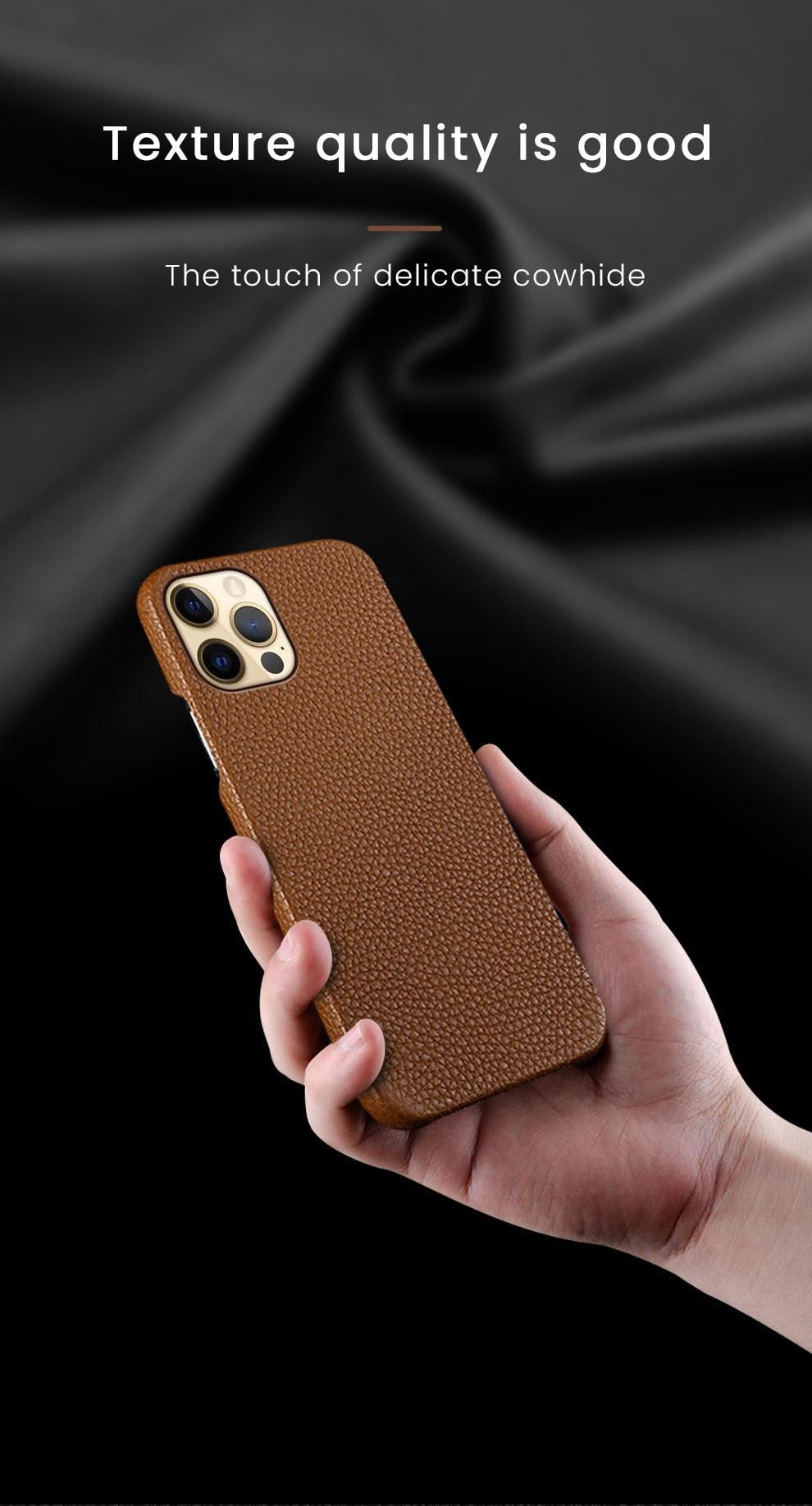 Bright Orange Mobile Phone Case With Coated Leather Case Protective Slim Phone Case Cowhide Genuine Leather Phone Case for iPhone 14 13 Pro Max Luxury Back Cover Stevvex