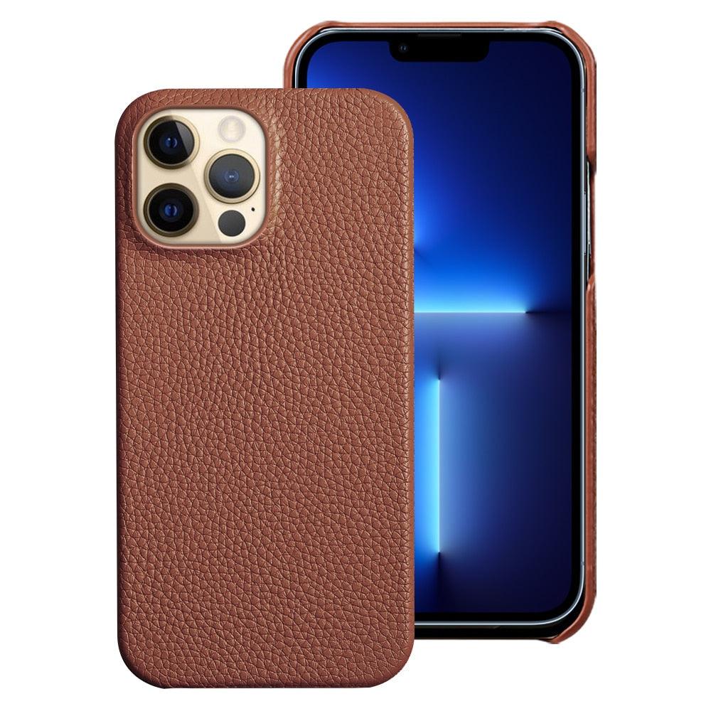 Bright Orange Mobile Phone Case With Coated Leather Case Protective Slim Phone Case Cowhide Genuine Leather Phone Case for iPhone 14 13 Pro Max Luxury Back Cover Stevvex