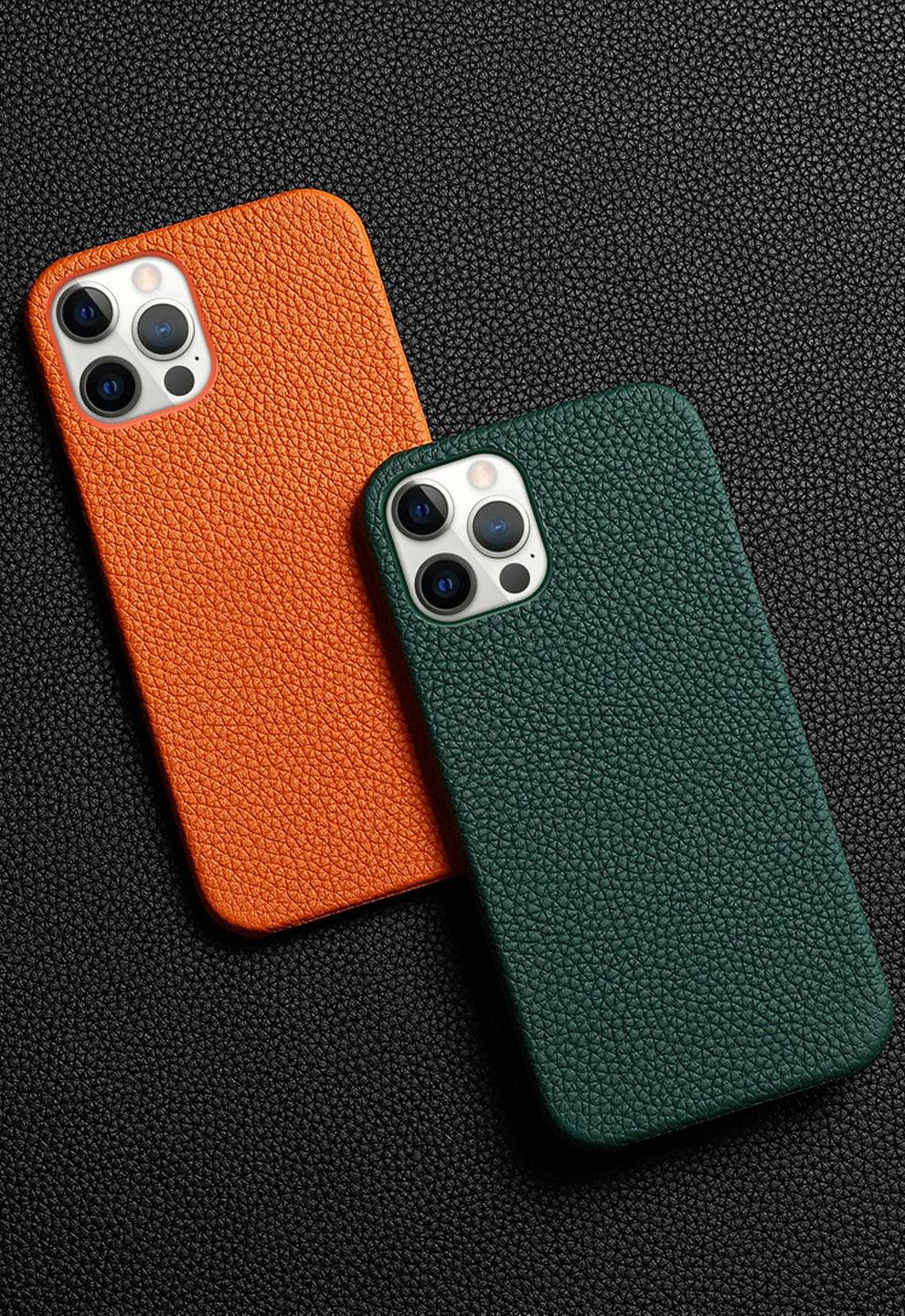 Bright Orange Mobile Phone Case With Coated Leather Case Protective Slim Phone Case Cowhide Genuine Leather Phone Case for iPhone 14 13 Pro Max Luxury Back Cover Stevvex