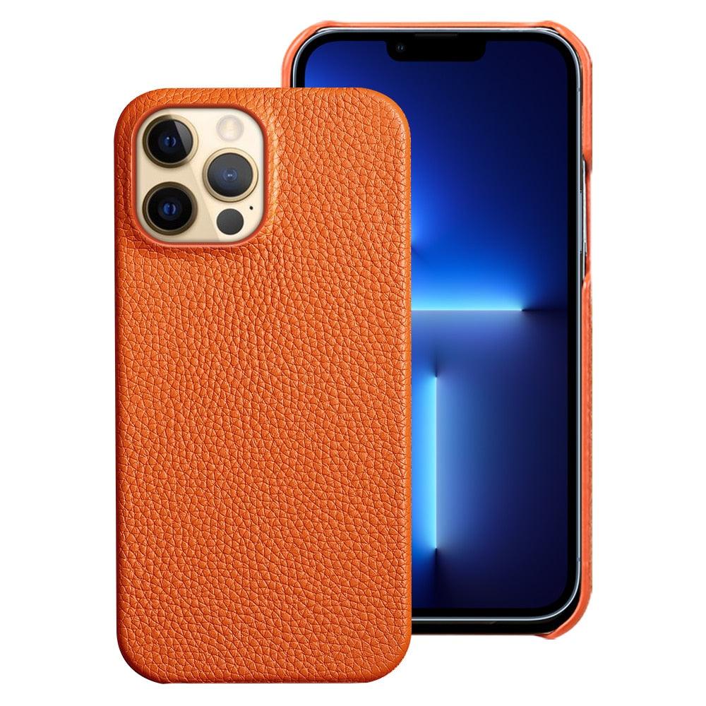Bright Orange Mobile Phone Case With Coated Leather Case Protective Slim Phone Case Cowhide Genuine Leather Phone Case for iPhone 14 13 Pro Max Luxury Back Cover Stevvex