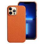 Bright Orange Mobile Phone Case With Coated Leather Case Protective Slim Phone Case Cowhide Genuine Leather Phone Case for iPhone 14 13 Pro Max Luxury Back Cover Stevvex