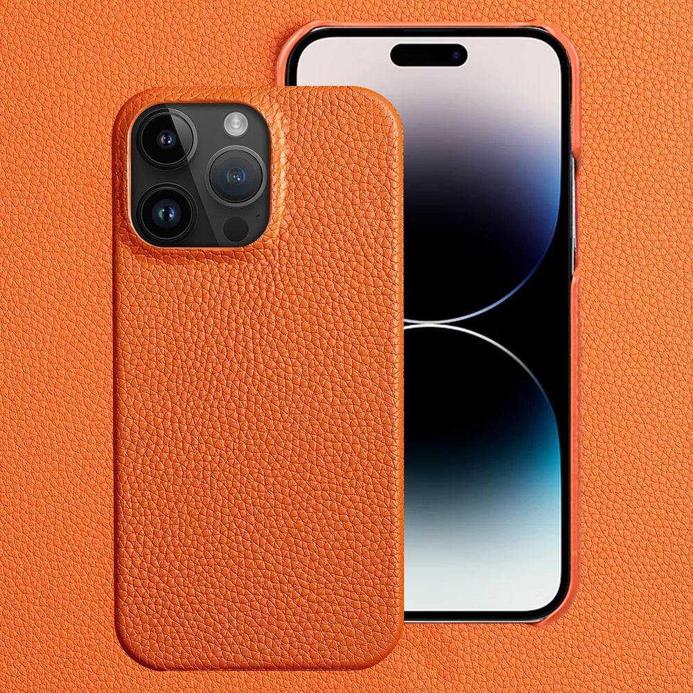 Bright Orange Mobile Phone Case With Coated Leather Case Protective Slim Phone Case Cowhide Genuine Leather Phone Case for iPhone 14 13 Pro Max Luxury Back Cover Stevvex