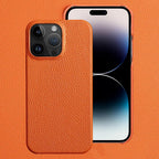 Bright Orange Mobile Phone Case With Coated Leather Case Protective Slim Phone Case Cowhide Genuine Leather Phone Case for iPhone 14 13 Pro Max Luxury Back Cover Stevvex