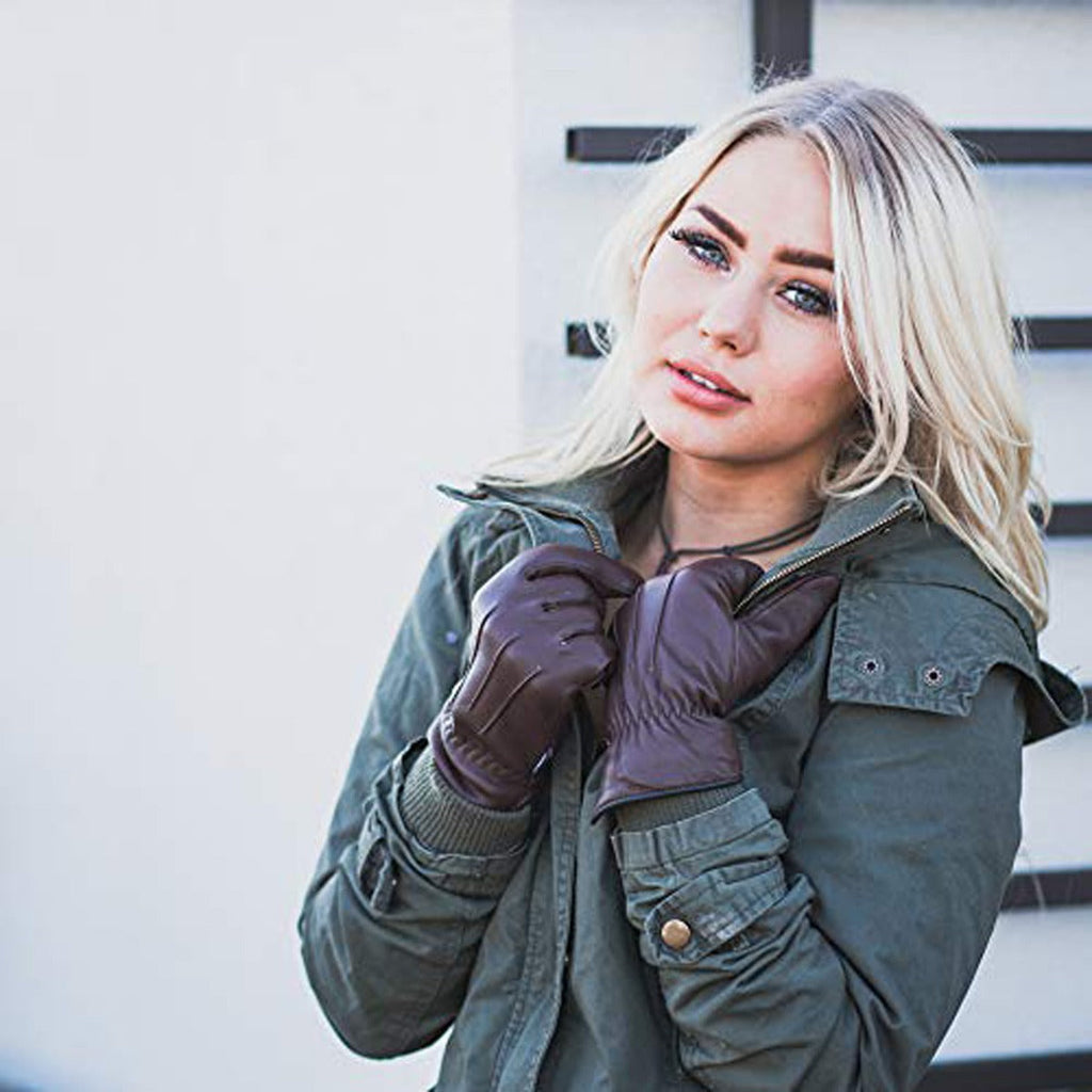 Women's Warm Winter Dress And Work Gloves, Thermal Lining, Genuine Brown Leather - SJB-DIAMOND ELITES