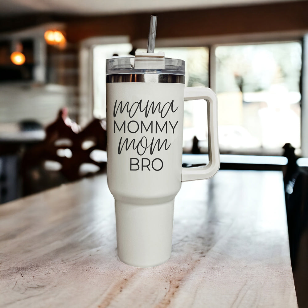 40oz Insulated Travel Mug With Handle Lid Straw - Mommy Bro Stainless Tumbler BandsCo Straps