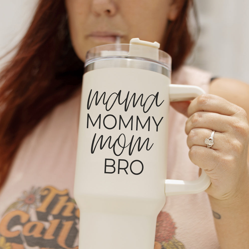 40oz Insulated Travel Mug With Handle Lid Straw - Mommy Bro Stainless Tumbler BandsCo Straps
