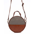 Brown Eco Leather Moon Bag Crossbody Clutch Retro Gray Accent Handwoven Lined BandsCo Straps