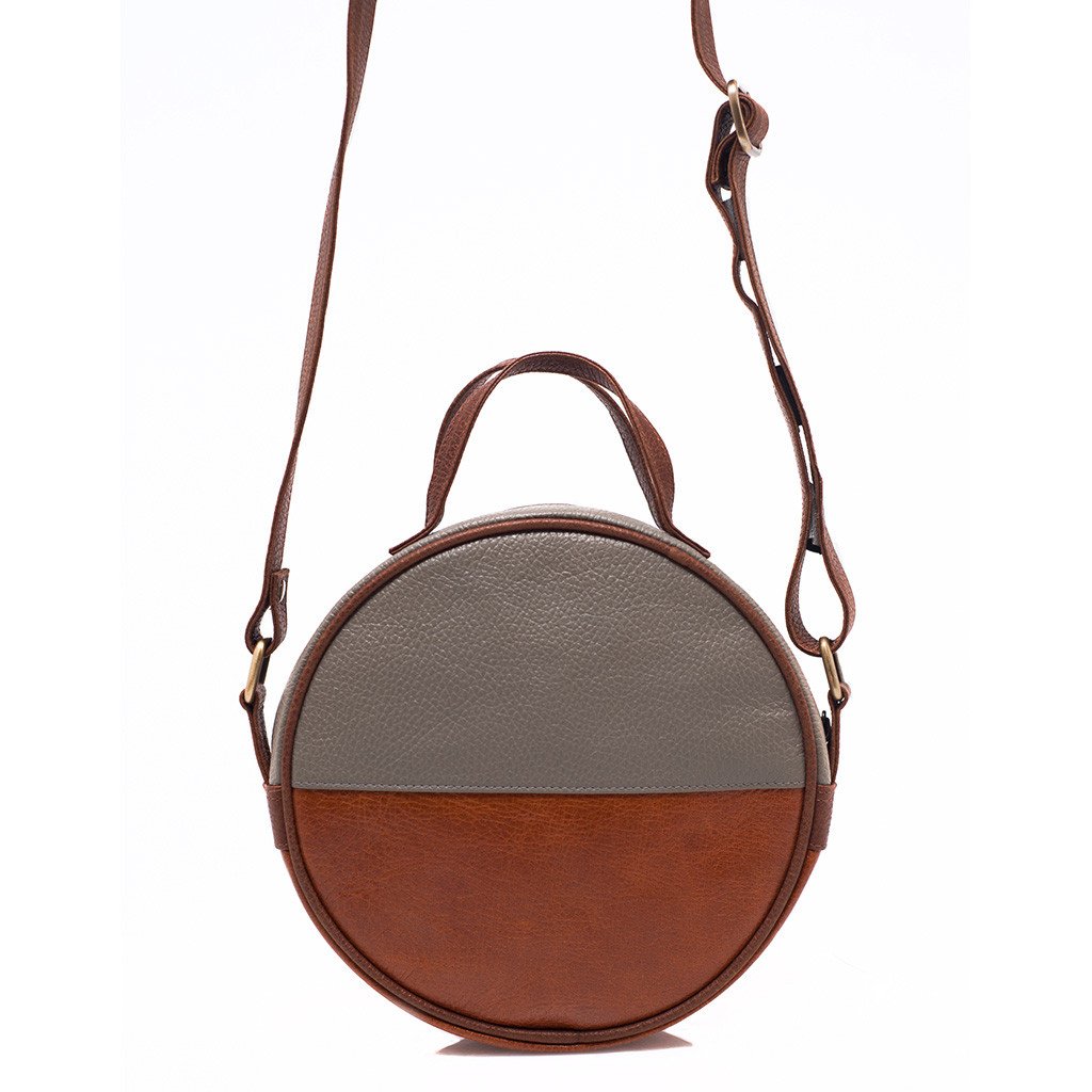 Brown Eco Leather Moon Bag Crossbody Clutch Retro Gray Accent Handwoven Lined BandsCo Straps