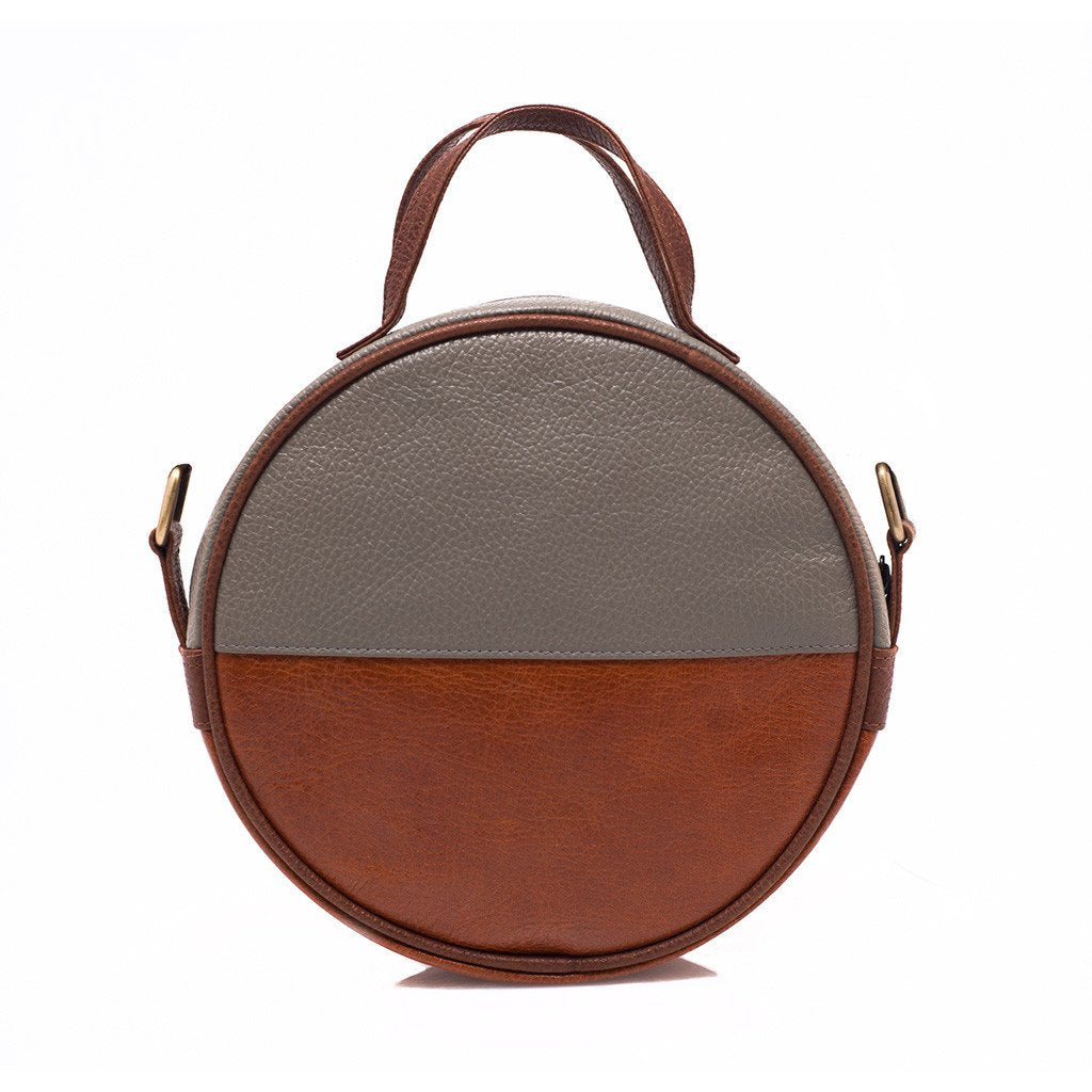 Brown Eco Leather Moon Bag Crossbody Clutch Retro Gray Accent Handwoven Lined BandsCo Straps