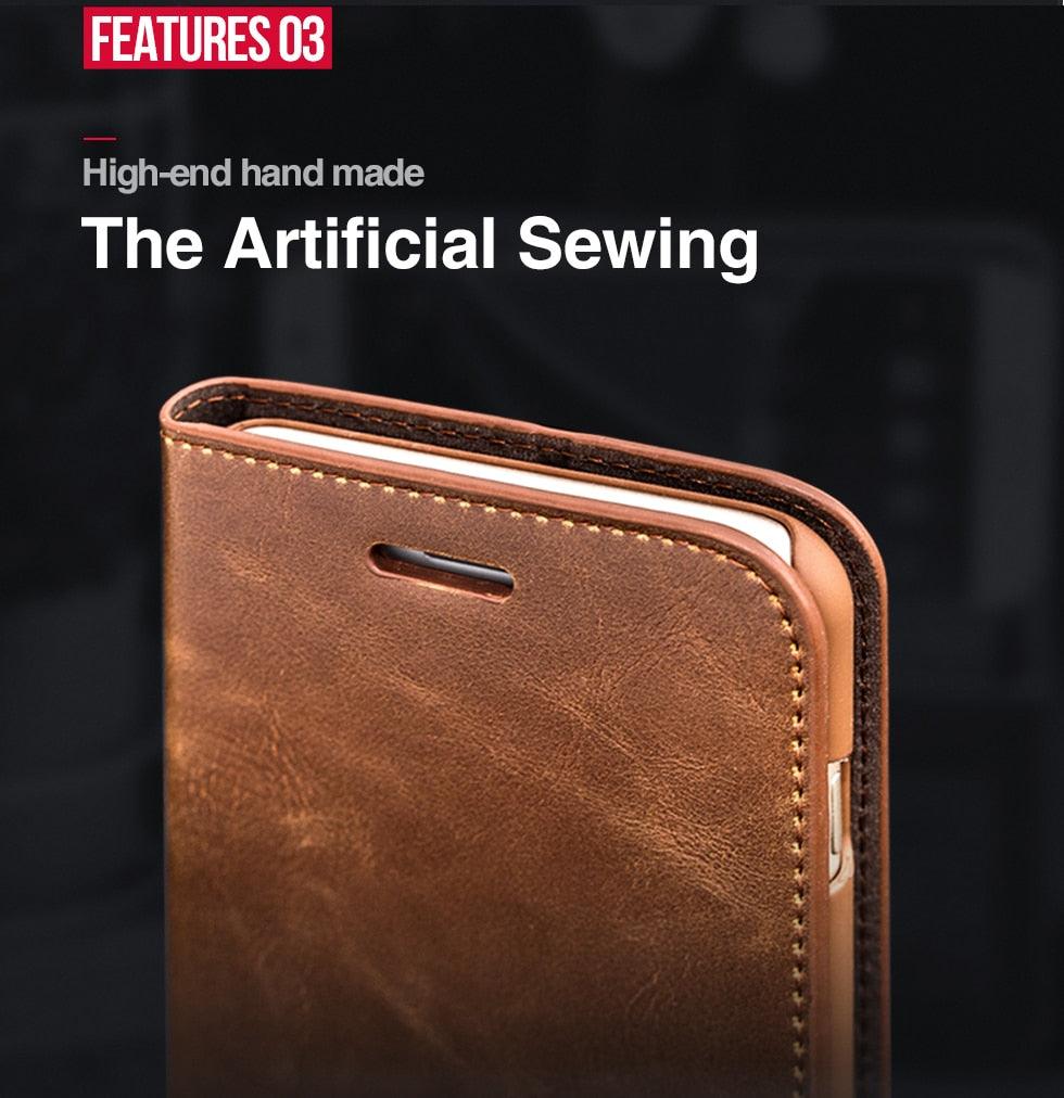 Brown Genuine Leather Flip Case For iPhone Luxury Wallet Card Cover For iPhone 14 13 Leather iPhone Case Kickstand Card Holder Flip Leather Wallet Phone Case Stevvex