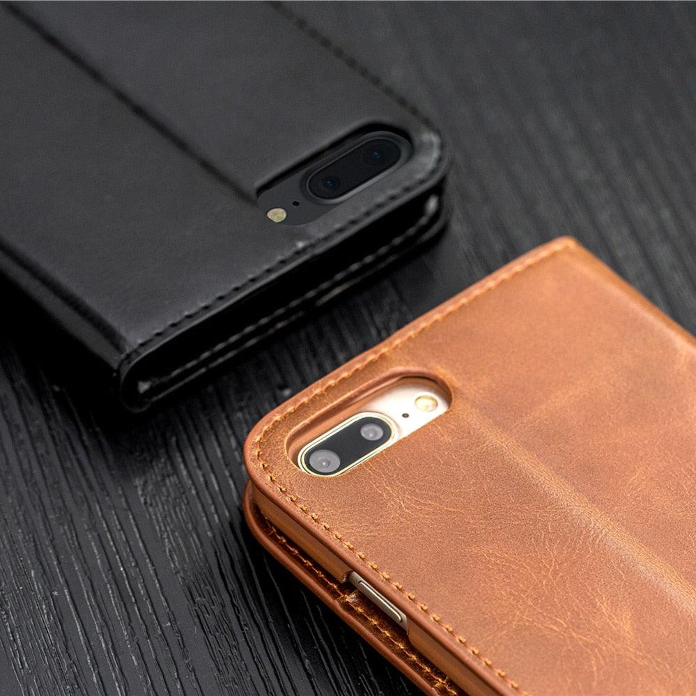 Brown Genuine Leather Flip Case For iPhone Luxury Wallet Card Cover For iPhone 14 13 Leather iPhone Case Kickstand Card Holder Flip Leather Wallet Phone Case Stevvex