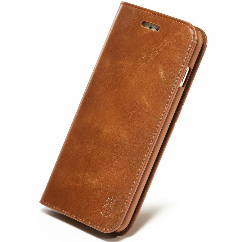 Brown Genuine Leather Flip Case For iPhone Luxury Wallet Card Cover For iPhone 14 13 Leather iPhone Case Kickstand Card Holder Flip Leather Wallet Phone Case Stevvex