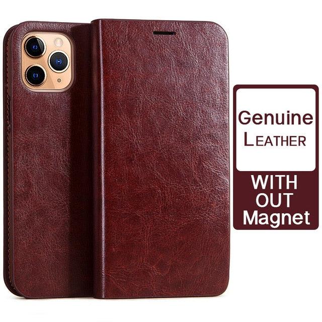 Brown Genuine Leather Flip Case For iPhone Luxury Wallet Card Cover For iPhone 14 13 Leather iPhone Case Kickstand Card Holder Flip Leather Wallet Phone Case Stevvex