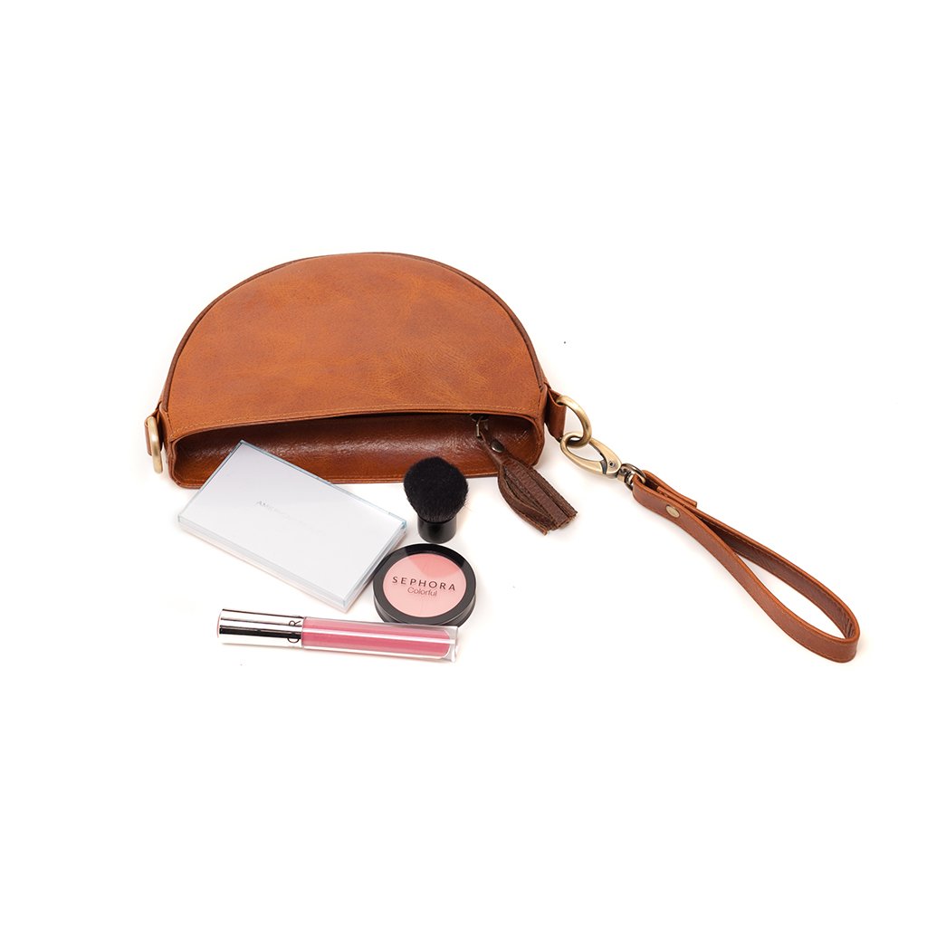 Brown Half Moon Crossbody Clutch Wristlet Eco Leather Tassel Bag BandsCo Straps