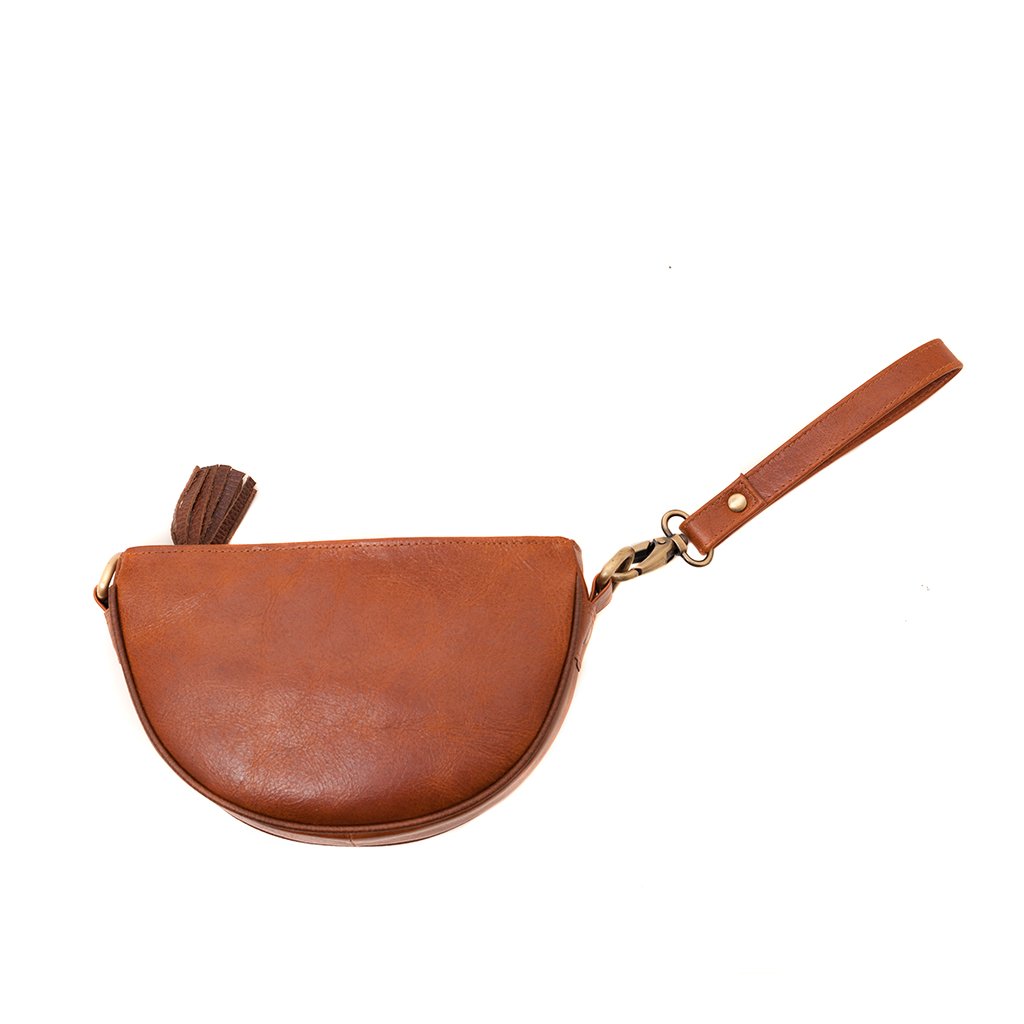 Brown Half Moon Crossbody Clutch Wristlet Eco Leather Tassel Bag BandsCo Straps