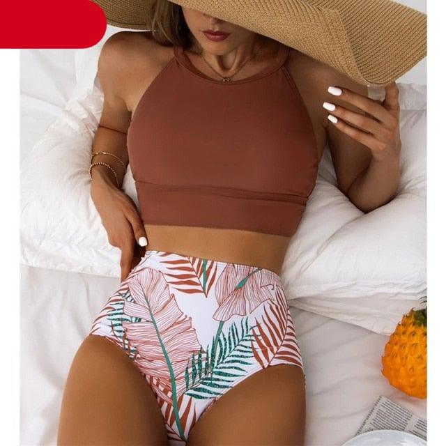 Brown Leaf Print High Waist Bikini Set 2 Piece Summer Padded Push Up High Waist Bikini Swimsuit Swimwear Swimsuit Women High Neck Two Pieces Swimwear Female Sports Bathing Suit Stevvex