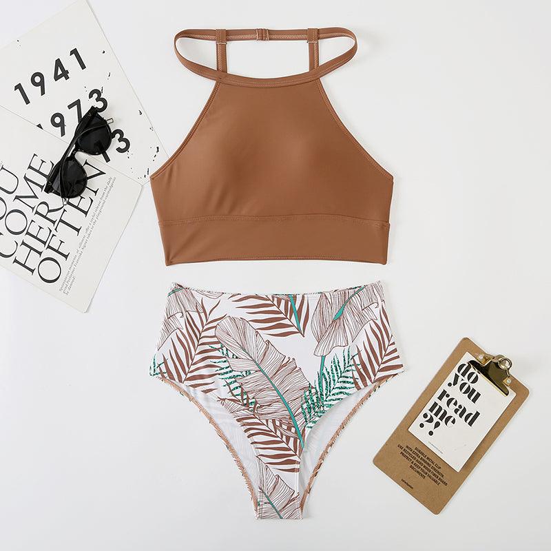 Brown Leaf Print High Waist Bikini Set 2 Piece Summer Padded Push Up High Waist Bikini Swimsuit Swimwear Swimsuit Women High Neck Two Pieces Swimwear Female Sports Bathing Suit Stevvex