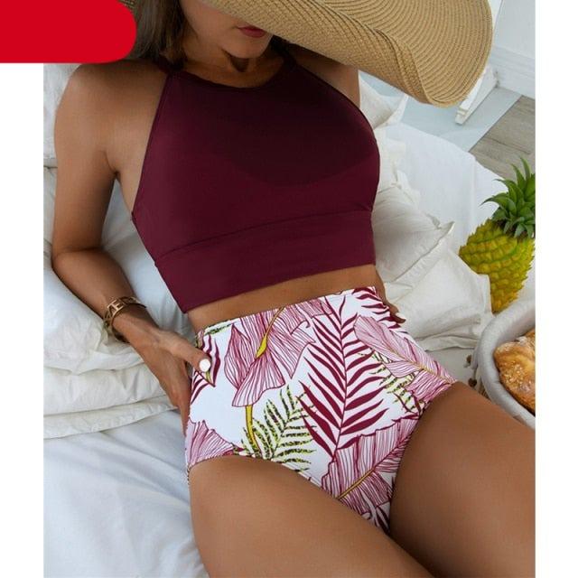 Brown Leaf Print High Waist Bikini Set 2 Piece Summer Padded Push Up High Waist Bikini Swimsuit Swimwear Swimsuit Women High Neck Two Pieces Swimwear Female Sports Bathing Suit Stevvex