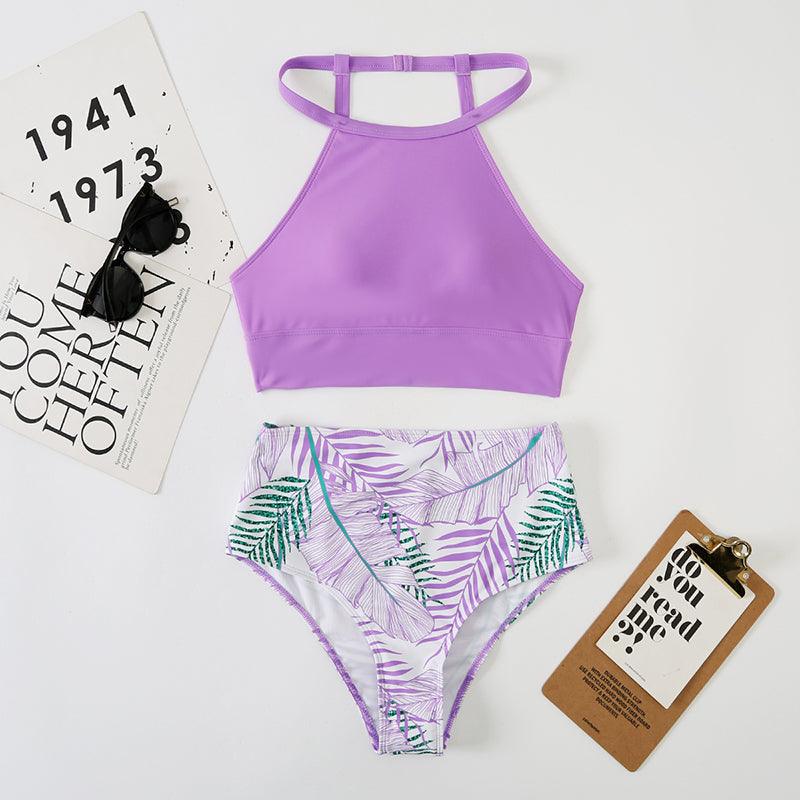 Brown Leaf Print High Waist Bikini Set 2 Piece Summer Padded Push Up High Waist Bikini Swimsuit Swimwear Swimsuit Women High Neck Two Pieces Swimwear Female Sports Bathing Suit Stevvex