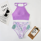 Brown Leaf Print High Waist Bikini Set 2 Piece Summer Padded Push Up High Waist Bikini Swimsuit Swimwear Swimsuit Women High Neck Two Pieces Swimwear Female Sports Bathing Suit Stevvex