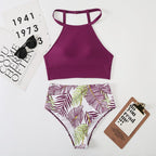 Brown Leaf Print High Waist Bikini Set 2 Piece Summer Padded Push Up High Waist Bikini Swimsuit Swimwear Swimsuit Women High Neck Two Pieces Swimwear Female Sports Bathing Suit Stevvex
