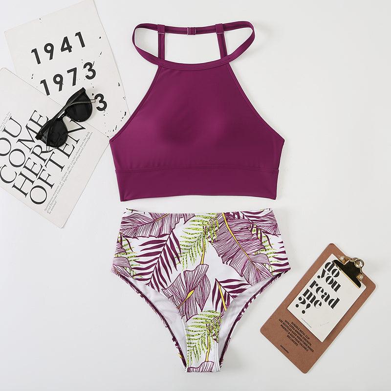 Brown Leaf Print High Waist Bikini Set 2 Piece Summer Padded Push Up High Waist Bikini Swimsuit Swimwear Swimsuit Women High Neck Two Pieces Swimwear Female Sports Bathing Suit Stevvex