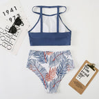Brown Leaf Print High Waist Bikini Set 2 Piece Summer Padded Push Up High Waist Bikini Swimsuit Swimwear Swimsuit Women High Neck Two Pieces Swimwear Female Sports Bathing Suit Stevvex